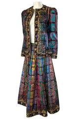 1981 Oscar De La Renta Documented Jewelled Metallic Printed Silk Jacket & Skirt Set