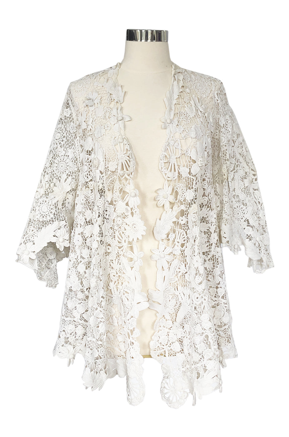 c.1900s Antique Handmade White 3D Floral Irish Crochet Lace Jacket