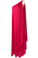 c.1978 Halston One Shoulder Draped Pink Nylon Jersey Full Length Maxi Dress