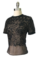 Early 1980s Yves Saint Laurent Haute Couture Hand Embroidered & Beaded Silk Chiffon Top