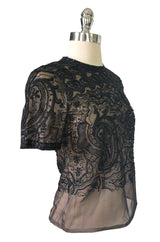 Early 1980s Yves Saint Laurent Haute Couture Hand Embroidered & Beaded Silk Chiffon Top
