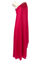 c.1978 Halston One Shoulder Draped Pink Nylon Jersey Full Length Maxi Dress