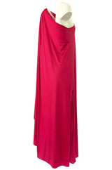 c.1978 Halston One Shoulder Draped Pink Nylon Jersey Full Length Maxi Dress