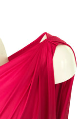 c.1978 Halston One Shoulder Draped Pink Nylon Jersey Full Length Maxi Dress