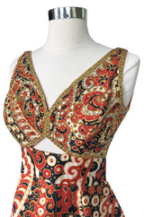 1968 Malcolm Starr Ad Campaign Silk Dress w Front Cut Out, Sequins & Beads
