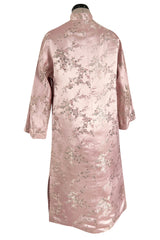 Prettiest 1960s Pink Silk Embroidered Asian Evening Coat w Top Stitched Cuffs & Collar