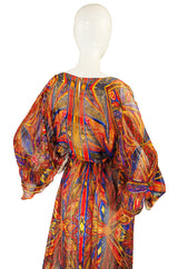 1970s Colorful Silk Chiffon Flutter Dress