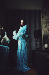 c.1972 La Mendola Blue Print Jersey Dress w Feather Trim Cape