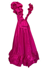 1980s Loris Azzaro Couture Bright Pink Silk Taffeta Backless Plunge Dress