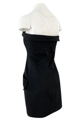 Spring 1985 Yves Saint Laurent Black Cotton Button Front Strapless Mini Dress w Pockets