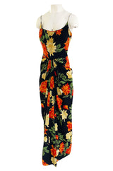 Brilliant 1957 James Galanos Large Floral Print Front Gathered Silk Evening Dress