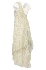 1970s Stavropoulos Gold Metallic & Ivory Lace One Shoulder Dress