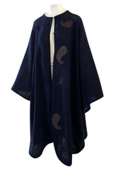 1970s Christian Dior Deep Blue Knit Poncho Cape w Leather Appliqué Work