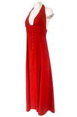 Iconc 1970s Ossie Clark Red Moss Crepe Button Front Halter Dress