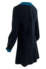 c.1967 Pierre Cardin ‘Cosmocorps’ Collection Cut Out Blue Neckline on Black Wool Dress