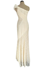 Romantic 2007 Valentino Ivory Silk Chiffon & Lace One Shoulder Bias Cut Dress