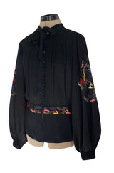 Extraordinary 1940s Hand Embroidered & Beaded Black Moss Crepe Balloon Sleeve Top
