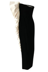 Fall 1979 Bill Blass Ivory Silk Ruffle on Ink Black Velvet Strapless Dress