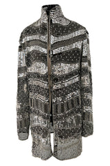 Sparkly Spring 1981 Halston Silver Sequin & Beaded Black Silk Chiffon Jacket