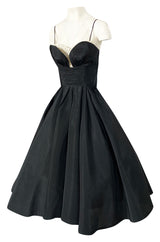 1950s Unlabeled Black Full Circle Skirted Silk Dress w Daisy Applique Bust