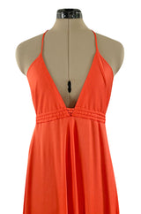 Fantastic 1970s Frank Usher Coral Jersey Dress w a Deep Front Plunge & No Back