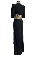 Spring 1986 Yves Saint Laurent Black Crepe & Jersey Dress w Gold Lame Front & Long Sash Belt