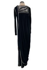 1970s Bill Gibb Museum Held Black Liquid Jersey Dress w MOP Buttons & Extensive Beading