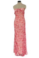 1982 Guy Laroche Haute Couture Floral Print Silk Chiffon Strapless & Caped Back Dress