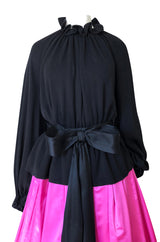 Fall 1977 Bill Blass Couture Full Pink Silk Satin Skirt & Black Top Dress Set