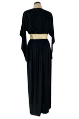 Documented 1980 Bill Tice Plunging Front Black Jersey Dress w Top Stitched Gold Belt