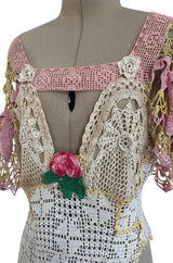 1960s Handmade Crocheted Crop Top w Open Front Pink Sleeves & Gold Metallic Accents