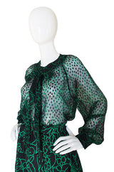 1980s Green Print Chanel Silk Top & Skirt