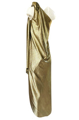 Important 1976 Halston Couture One Shoulder Gold Metallic Lame Sarong Dress