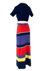 c.1972 Lanvin Bright Navy, Cornflower, Yellow, Red & White Stripe Knit Dress W Belt