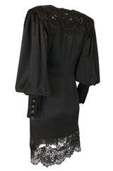c.1988 Emanuel Ungaro Black Sequin Lace & Silk Satin Dress