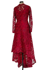 1986 Arnold Scaasi Couture Deep Red Lace Dress w Rhinestone Detailing & Trained Back Skirt
