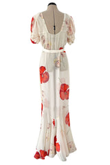 Incredible Numbered 1930s Huge Coral Flower Print Bias Cut Silk Chiffon Ivory Dress