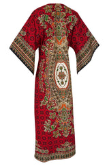 1960s Unlabeled Red Thai Print Cotton Caftan Dress w Frog Knot Detail