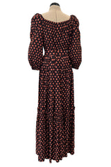 Incredible 1970s Givenchy Demi-Couture Pinecone Print Ruffle Skirt & Peaked Shoulder Top Set