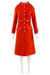 1971 Courreges Numbered Hyperbole Bright Orange Wool Coat w Quilted Interior