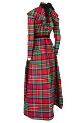Early 1970s Geoffrey Beene Boutique Red Plaid Holiday Silk Taffeta Dress
