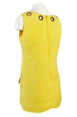 1960s Pierre Cardin Couture Bright Sunny Yellow Tunic & Hot Pant w Open Metal Grommets