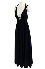 1970s Frank Usher Black Jersey Maxi Dress w Deep Front Plunge & No Back