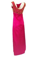 1960s Malcolm Starr Vibrant Pink Silk Satin Dress w Beaded Bodice