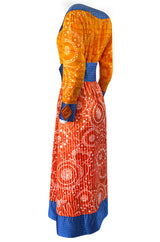 Dramatic 1970s Ronald Amey Orange Blue & Coral Print Silk Couture Dress