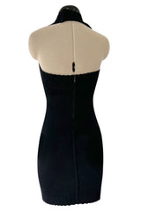 Documented Spring 1992 Azzedine Alaia Black Knit Mini Dress w Curving Halter Neckline