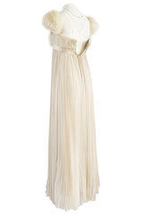 1964 Sarmi Ivory Knife Pleated Silk Chiffon Dress w Cream Mink Bodice & Silk Ribbon Detail