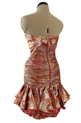Fall 1988 Emanuel Ungaro Strapless Metallic Gold & Coral Dress w Flirty Ruffled Skirt