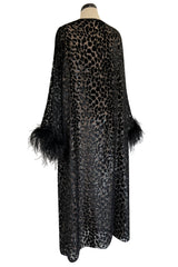 Gorgeous 1990s Valentino Intimo Black Metallic Voided Velvet Feather Cuff Caftan Dress