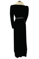 Exceptional 1920s I Magnin Inky Black Velvet Coat w Extravagant White Ermine Collar